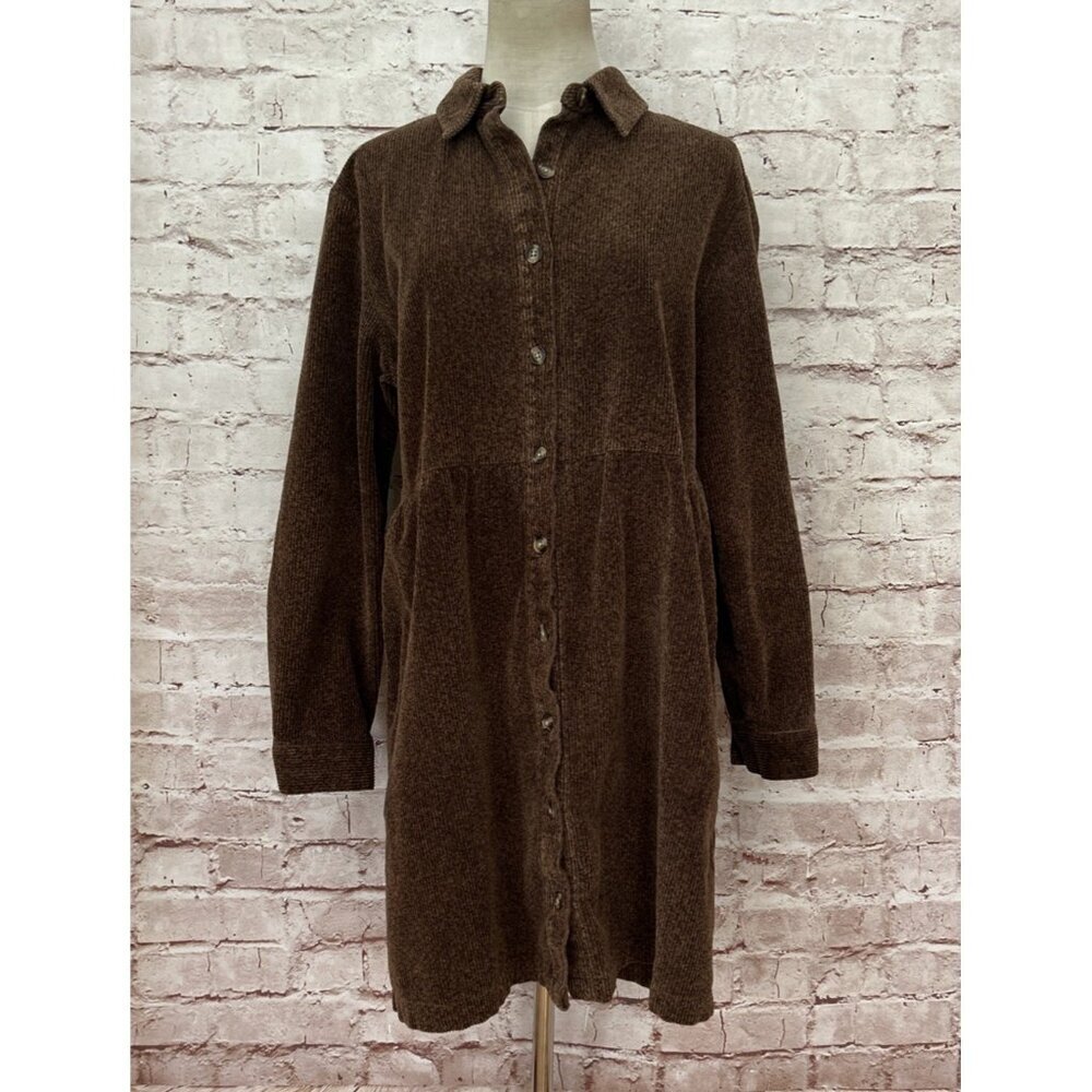 Talbots Petites 14P Brown Thick Corduroy Button Front Shift Babydoll Dress VTG
